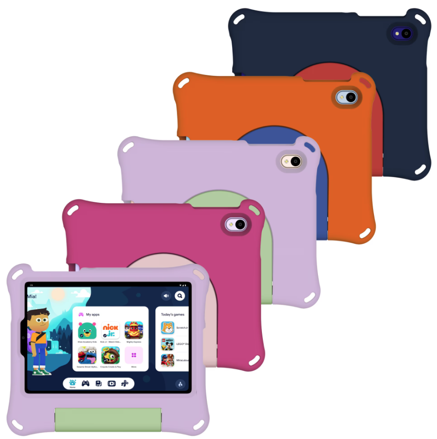 Walmart ONN kids tablets in colorful protective cases, one showing a kid-friendly home screen